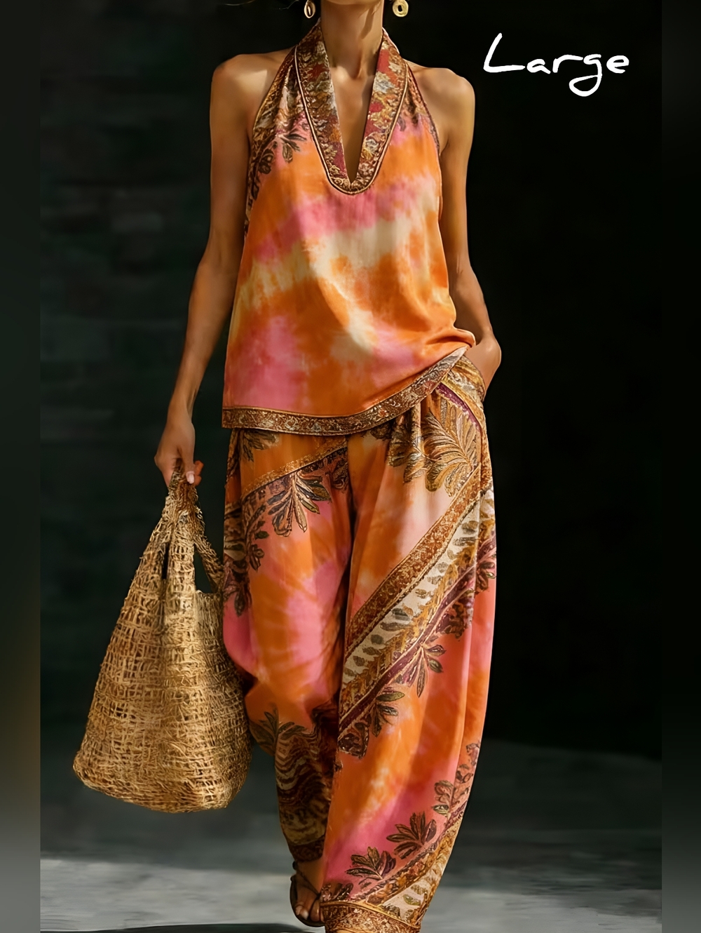 Beautiful 2 pc. wide leg Hawaiian/tie dye pants set, Large..FREE earrings!
